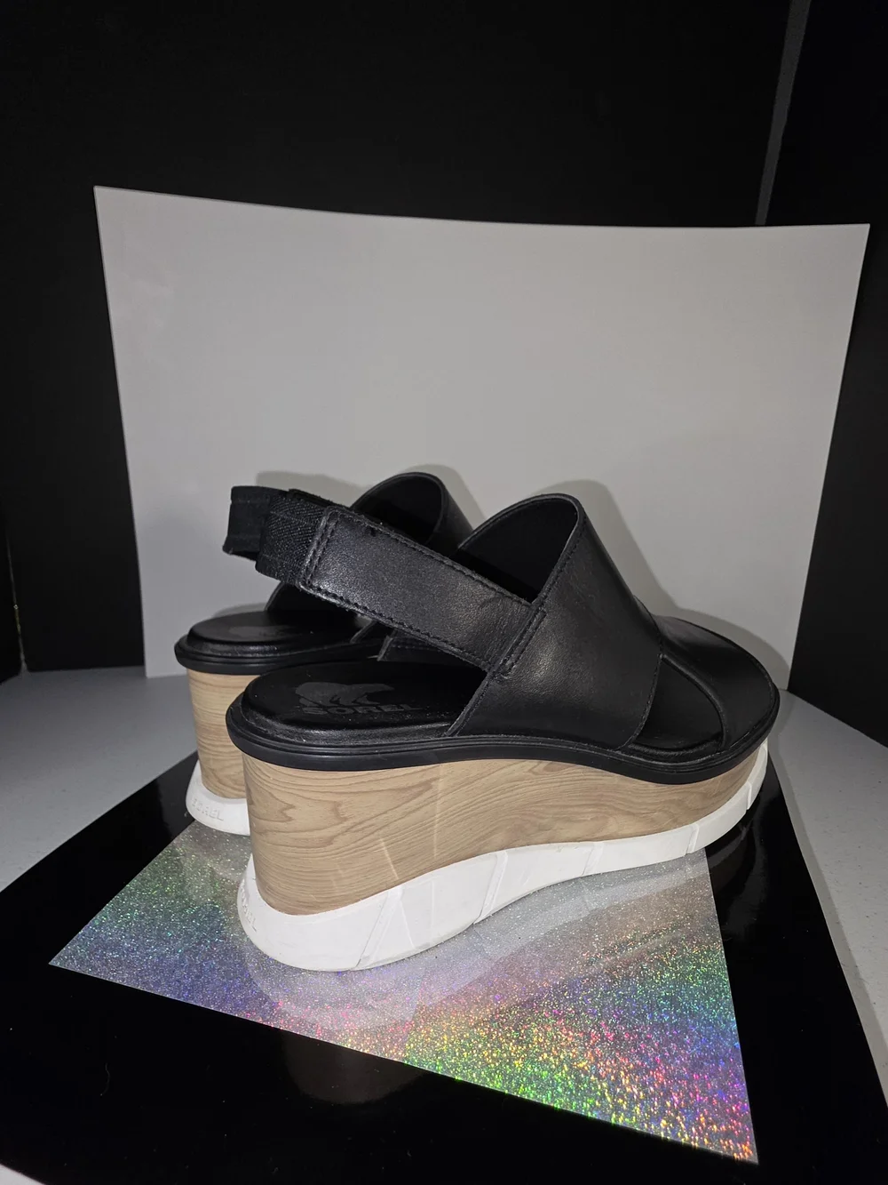 Sorel Joanie III Slingback Platform Wedge Sandals Black Leather 8.5